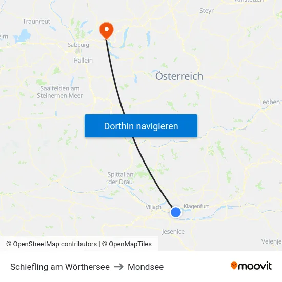 Schiefling am Wörthersee to Mondsee map