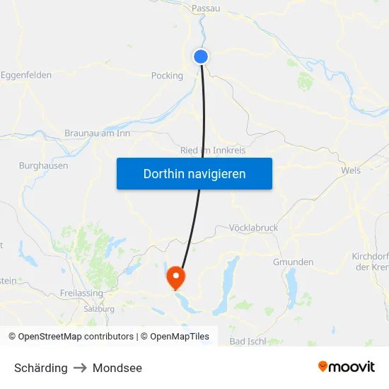 Schärding to Mondsee map