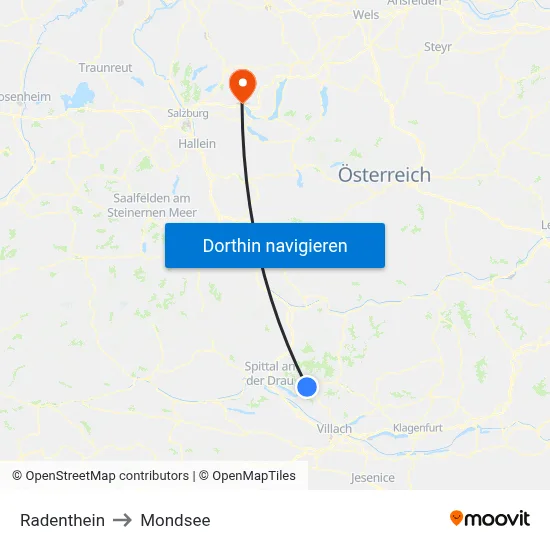 Radenthein to Mondsee map