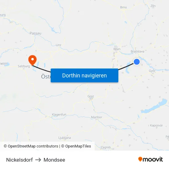 Nickelsdorf to Mondsee map