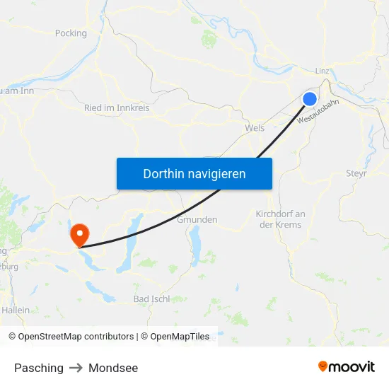Pasching to Mondsee map