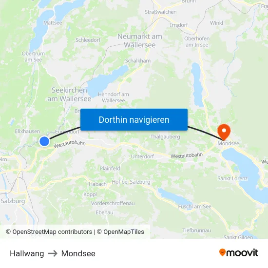 Hallwang to Mondsee map
