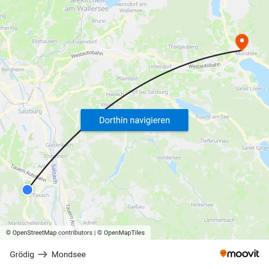 Grödig to Mondsee map