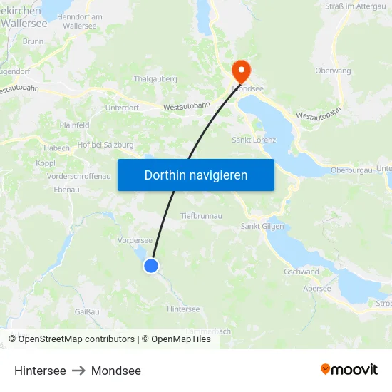 Hintersee to Mondsee map