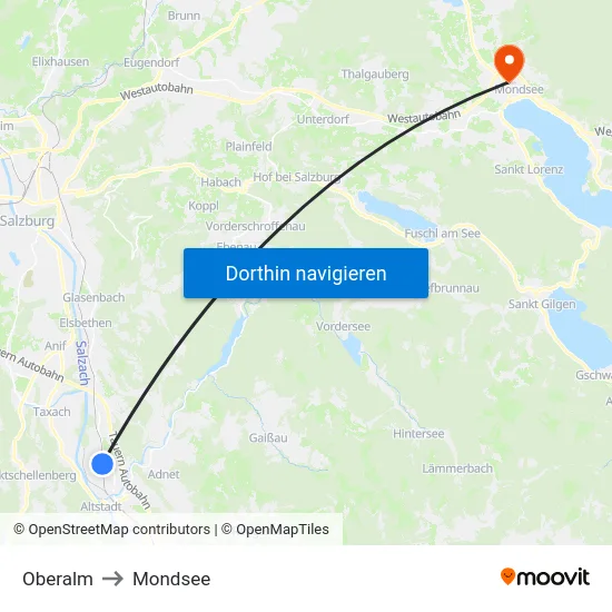 Oberalm to Mondsee map