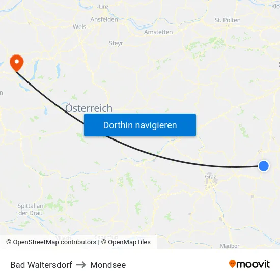 Bad Waltersdorf to Mondsee map
