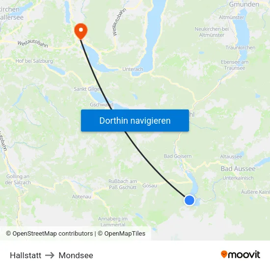 Hallstatt to Mondsee map