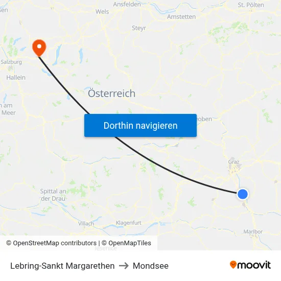 Lebring-Sankt Margarethen to Mondsee map