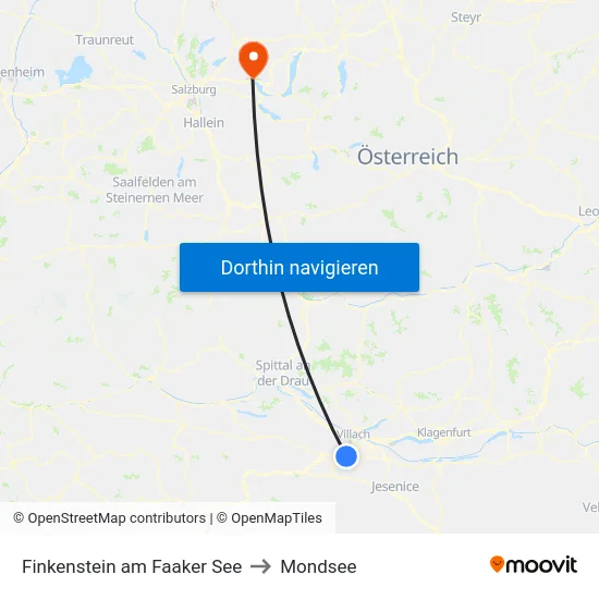 Finkenstein am Faaker See to Mondsee map