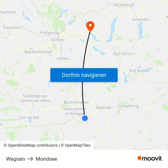 Wagrain to Mondsee map