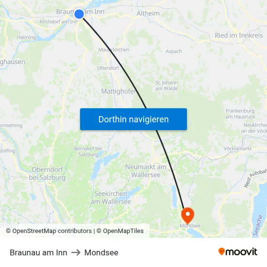 Braunau am Inn to Mondsee map