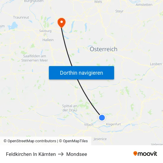 Feldkirchen In Kärnten to Mondsee map