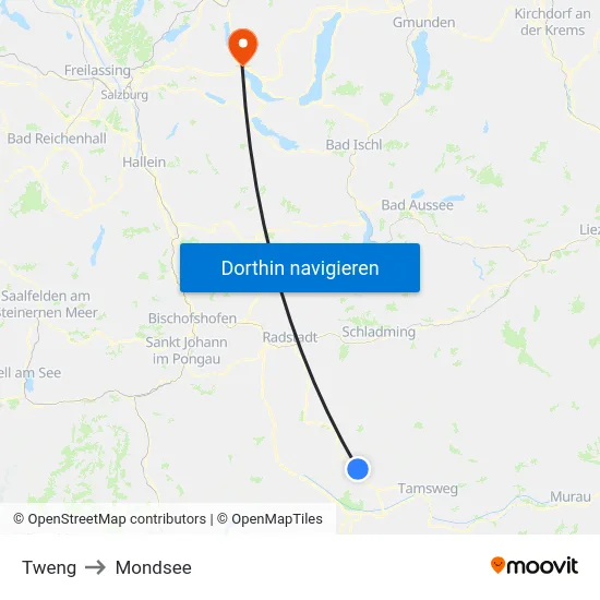 Tweng to Mondsee map