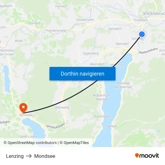 Lenzing to Mondsee map