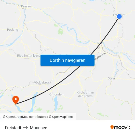 Freistadt to Mondsee map