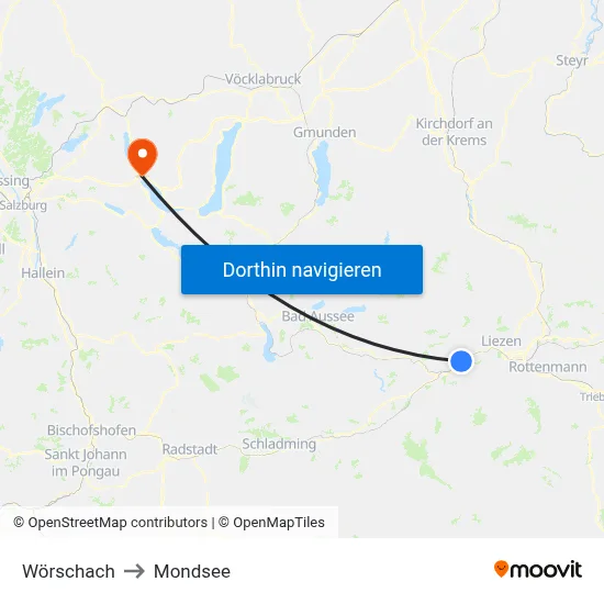 Wörschach to Mondsee map