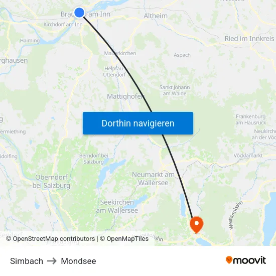 Simbach to Mondsee map