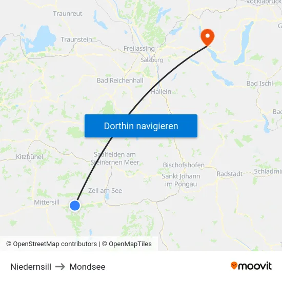 Niedernsill to Mondsee map