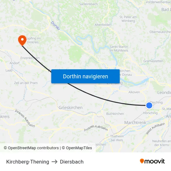 Kirchberg-Thening to Diersbach map