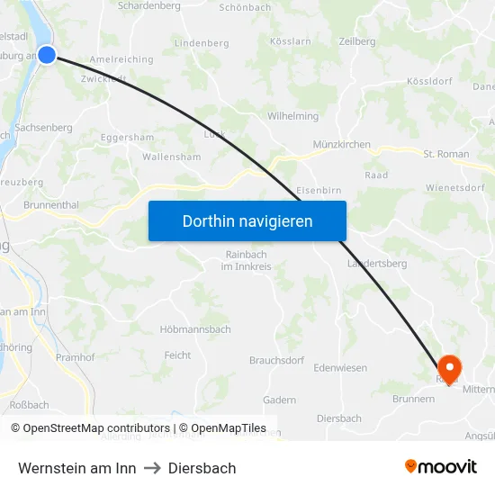 Wernstein am Inn to Diersbach map