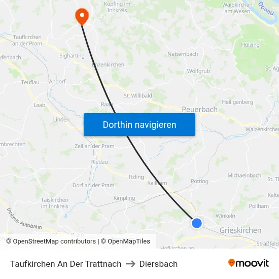 Taufkirchen An Der Trattnach to Diersbach map