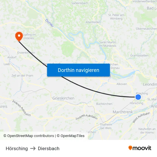 Hörsching to Diersbach map