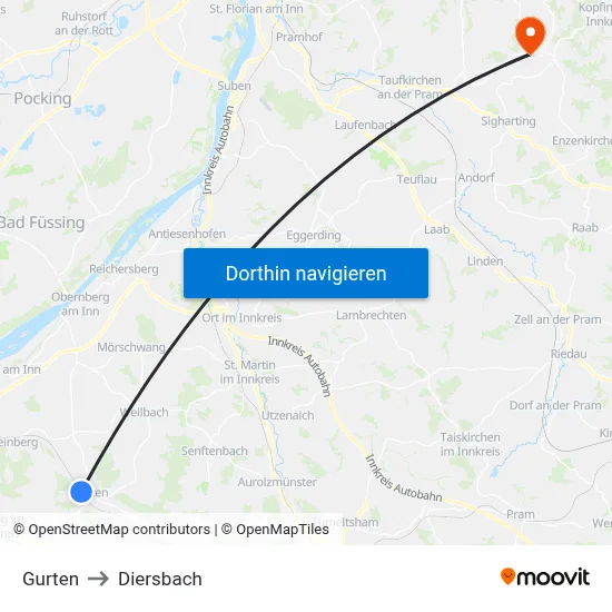 Gurten to Diersbach map