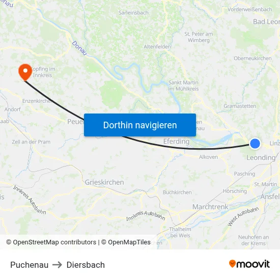 Puchenau to Diersbach map