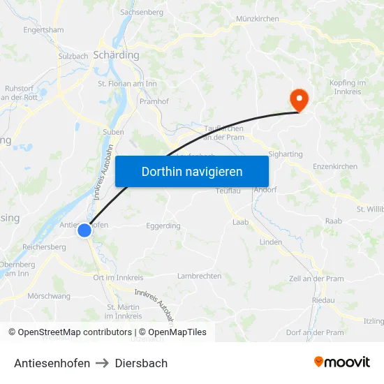 Antiesenhofen to Diersbach map