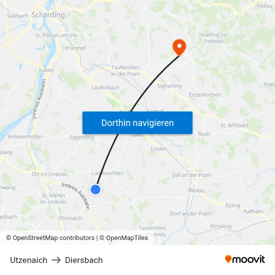 Utzenaich to Diersbach map