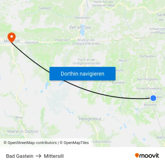 Bad Gastein to Mittersill map