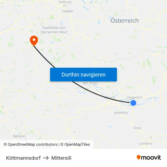 Köttmannsdorf to Mittersill map