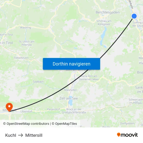 Kuchl to Mittersill map