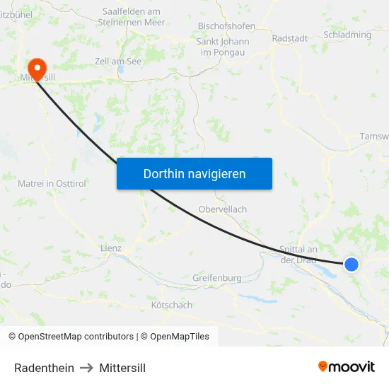 Radenthein to Mittersill map