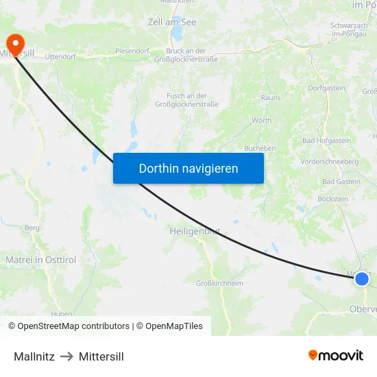 Mallnitz to Mittersill map
