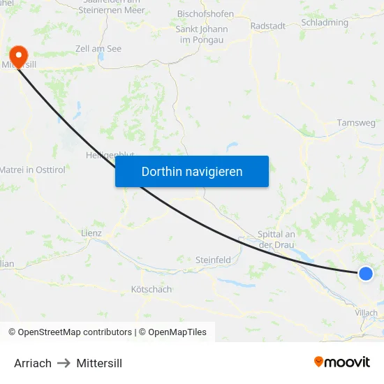 Arriach to Mittersill map