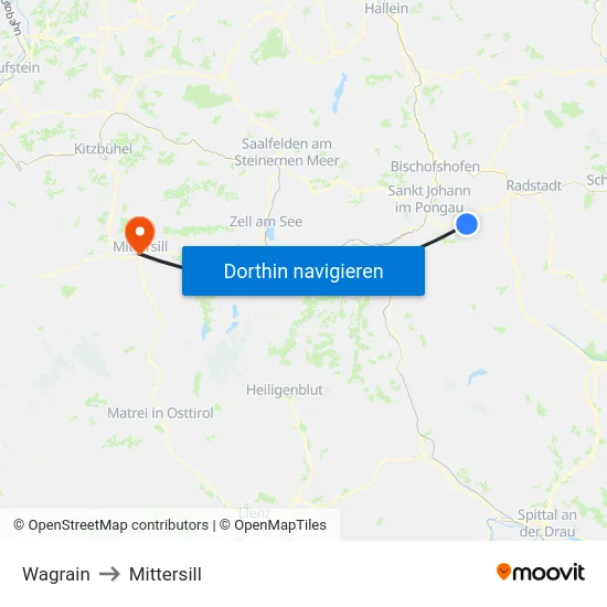 Wagrain to Mittersill map