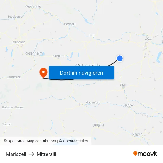 Mariazell to Mittersill map