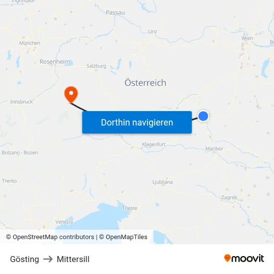 Gösting to Mittersill map