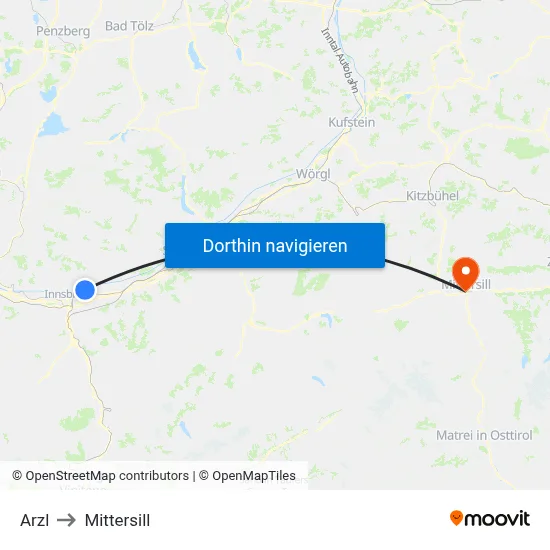 Arzl to Mittersill map
