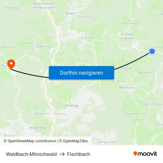 Waldbach-Mönichwald to Fischbach map