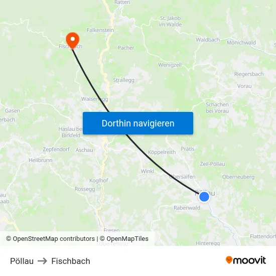 Pöllau to Fischbach map