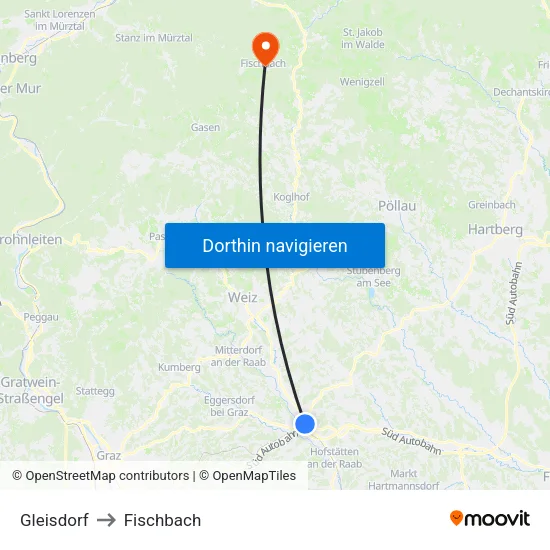 Gleisdorf to Fischbach map