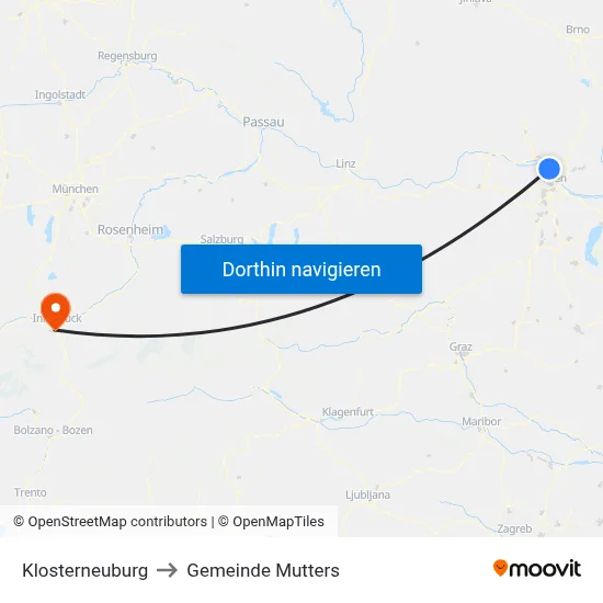 Klosterneuburg to Gemeinde Mutters map
