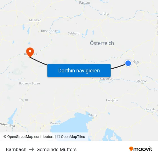 Bärnbach to Gemeinde Mutters map