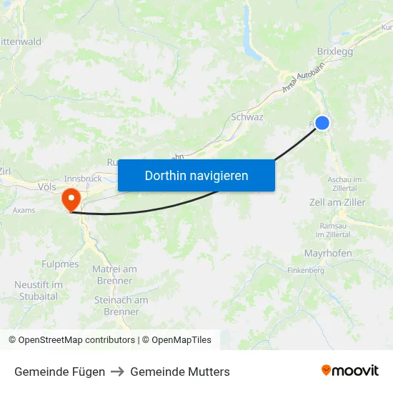 Gemeinde Fügen to Gemeinde Mutters map