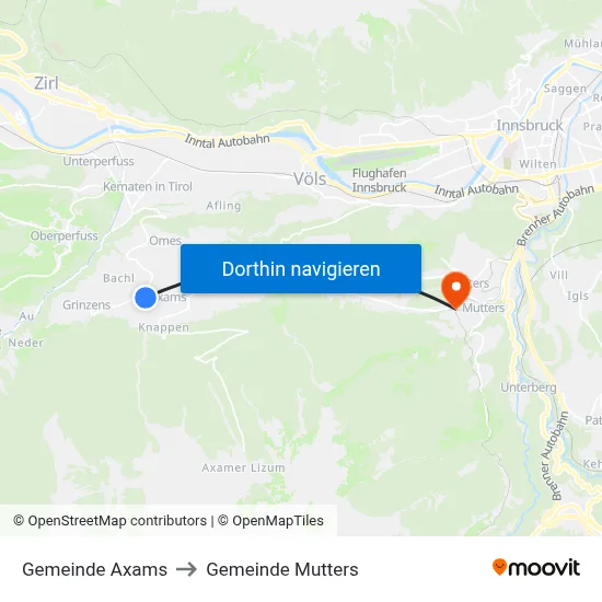 Gemeinde Axams to Gemeinde Mutters map