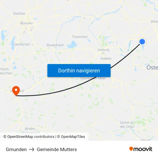 Gmunden to Gemeinde Mutters map