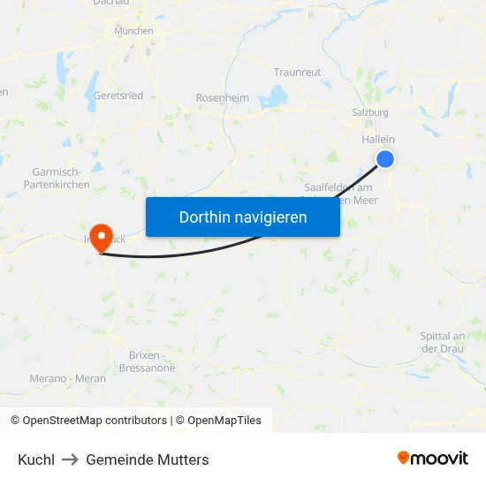 Kuchl to Gemeinde Mutters map