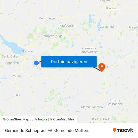 Gemeinde Schnepfau to Gemeinde Mutters map